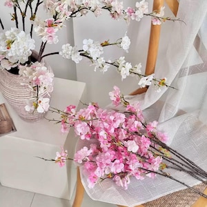 Silk Cherry Blossom Artificial Faux Flower Home Decor Flower in 3 Colors , 2 Sizes , For Bouquet , wedding，Party image 2