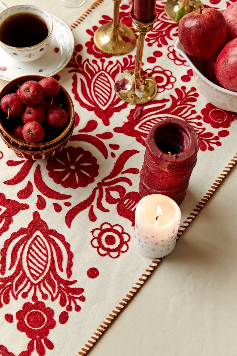 Christmas Red White Embroidery Cotton Thread Table Runner image 5