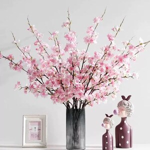 Silk Cherry Blossom Artificial Faux Flower Home Decor Flower in 3 Colors , 2 Sizes , For Bouquet , wedding，Party image 3
