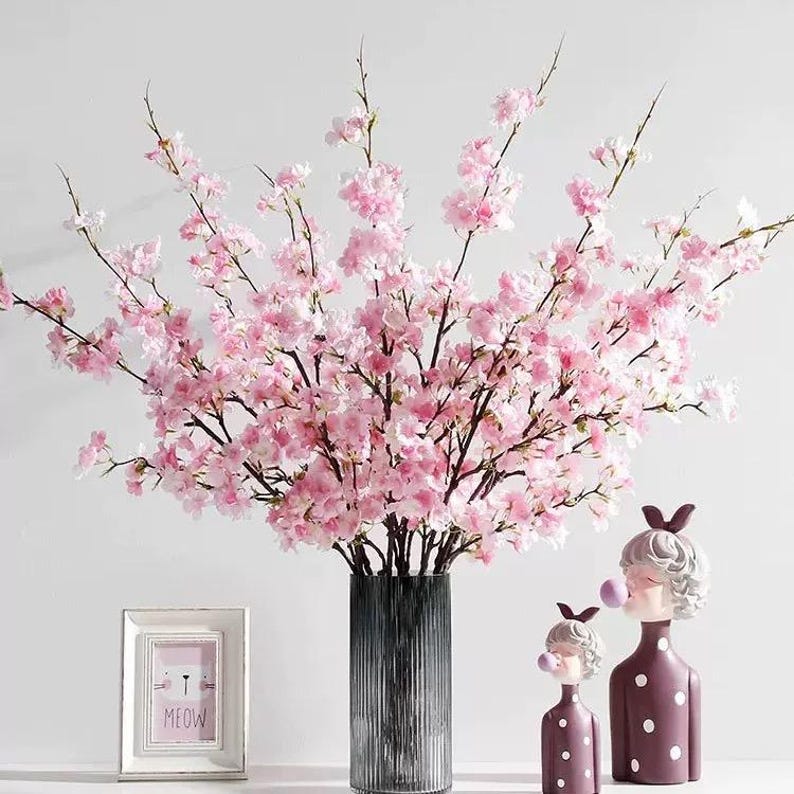 Silk Cherry Blossom Artificial Faux Flower Home Decor Flower in 3 Colors , 2 Sizes , For Bouquet , wedding，Party image 3