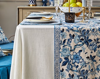 Blue and White Porcelain Pattern Cotton Linen Table Runner