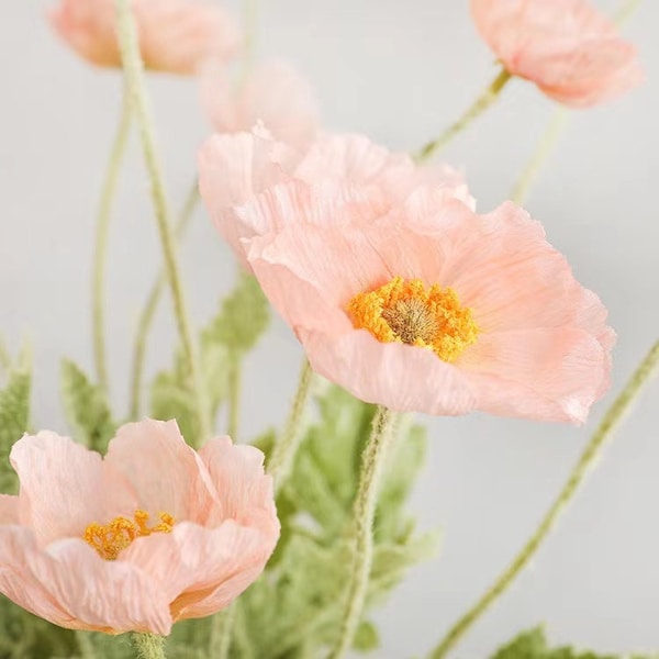 23"(Overall Length) 4 Heads Silk Common Poppy  Artificial Faux Flower Home Decor Flower in 2 Colors