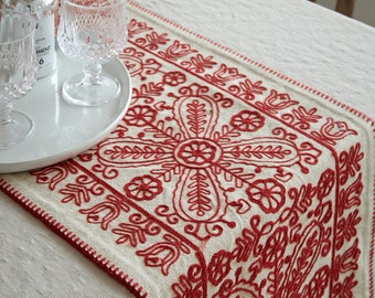 Red Embroidery Thread Cotton Linen Table Runner