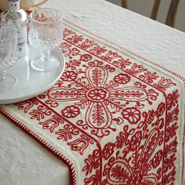 Red Embroidery Thread Cotton Linen Table Runner