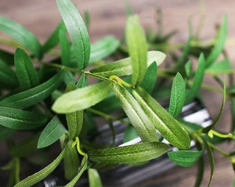 May include: A close-up of a green artificial olive branch with long, narrow leaves.