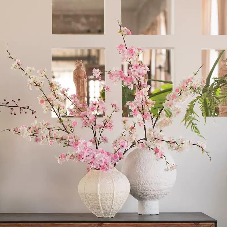 Silk Cherry Blossom Artificial Faux Flower Home Decor Flower in 3 Colors , 2 Sizes , For Bouquet , wedding，Party image 1