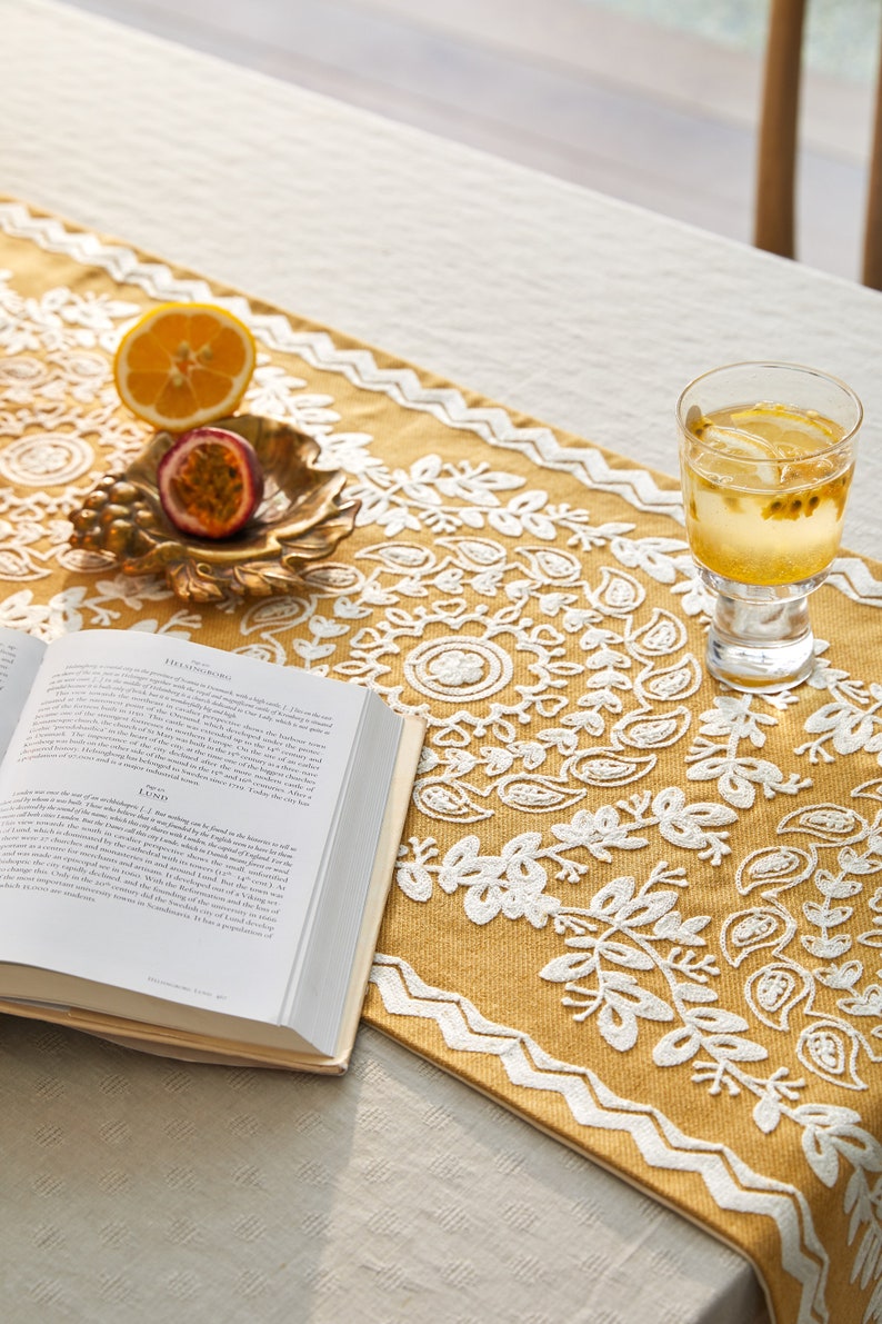 French Lemon Bright Warm Yellow Embroidery Cotton Thread Table Runner image 5