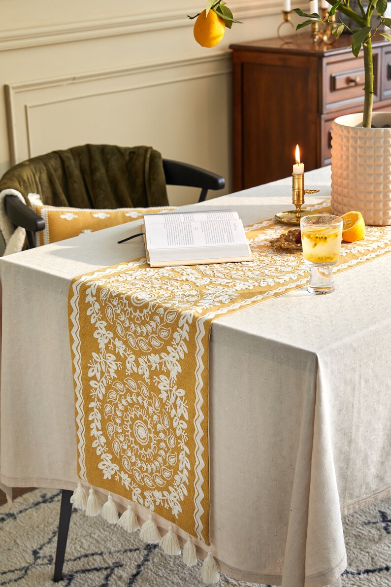 French Lemon Bright Warm Yellow Embroidery Cotton Thread Table Runner image 3