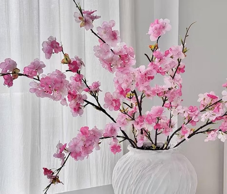 Silk Cherry Blossom Artificial Faux Flower Home Decor Flower in 3 Colors , 2 Sizes , For Bouquet , wedding，Party image 4