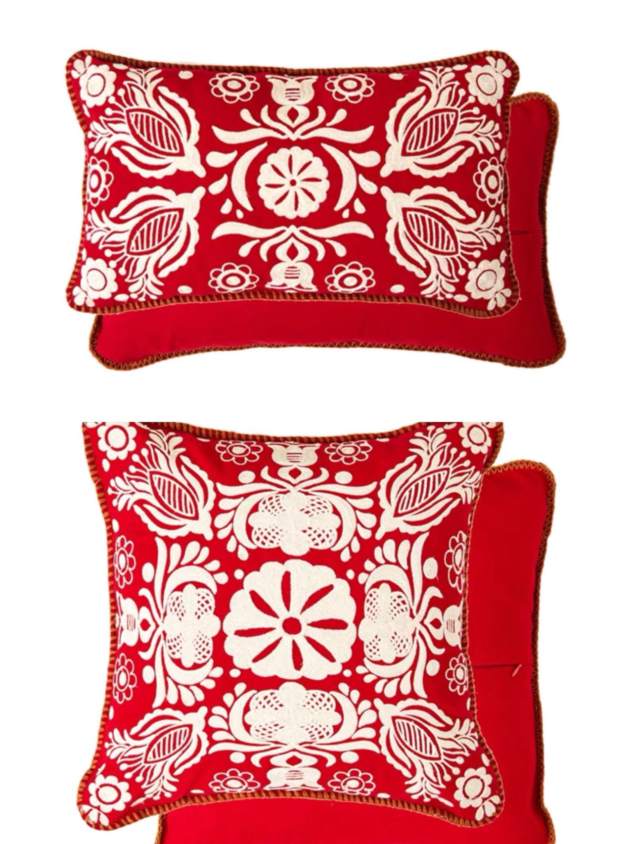 クリスマスレッドホワイト刺繍コットン糸クッションカバー、リビング