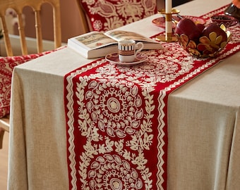 Spring Wheat Crimson Red Embroidery Cotton Thread Table Runner