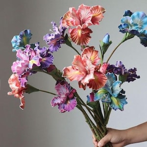 May include: A vibrant bouquet of iris flowers in shades of pink, purple, orange, and blue. The flowers have ruffled petals and are held together by green stems. The arrangement is set against a neutral background.