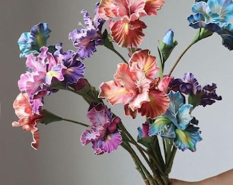Può includere: Un bouquet di fiori di iris colorati nelle tonalità del rosa, viola, arancione e blu. I fiori hanno petali increspati e sono tenuti insieme da steli verdi. La composizione è ambientata su uno sfondo neutro.