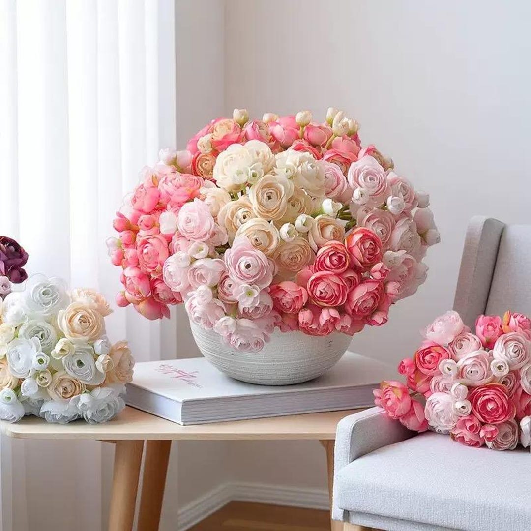 24 Heads ( 6pcs ) Silk Mini Ranunculus Bouquet , Artificial Faux Flower ...