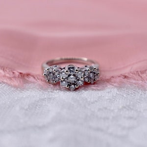 14K White Gold Vintage Triple Cluster Diamond Engagement Ring