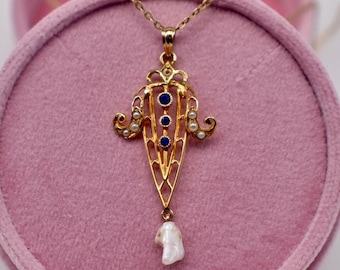 18K&10K Yellow Gold Victorian Seed Pearl and Sapphire Lavalier Necklace