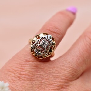 Vintage Art Deco 14K Yellow Gold & Platinum Filigree Diamond Shield Style Ring image 9