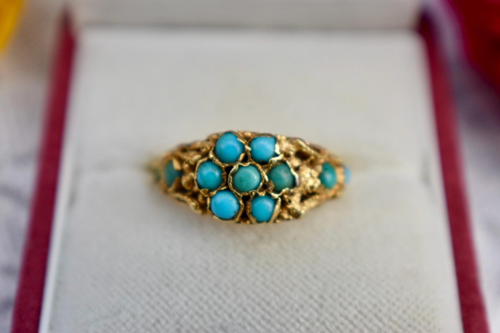Bague Or 18k Vintage Années 60 - Fleur Avec Turquoise Naturelle - Taille ITA14/US7 - Made In Italy