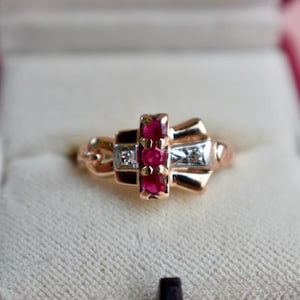 Antique Art Nouveau 14K Rose Gold Ruby and Diamond Ring
