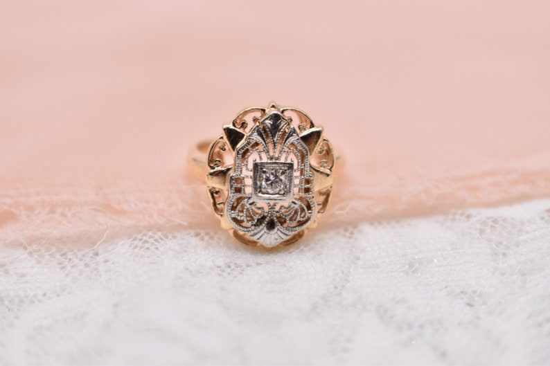 Vintage Art Deco 14K Yellow Gold & Platinum Filigree Diamond Shield Style Ring image 1