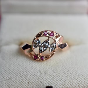 Antique Art Deco Reproduction 14K Rose & White Gold Ruby and Diamond Ring