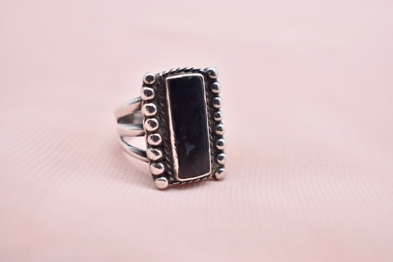 Antiqued Sterling Silver Elongated Rectangular Onyx Bezel Ring