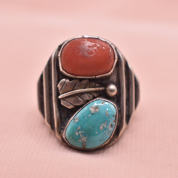 Vintage Turquoise and Coral Two Stone Navajo Sterling Silver Men's Ring