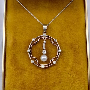 14K Yellow Gold & Platinum Edwardian Pearl and Old Mine Cut Diamond Lavalier Necklace