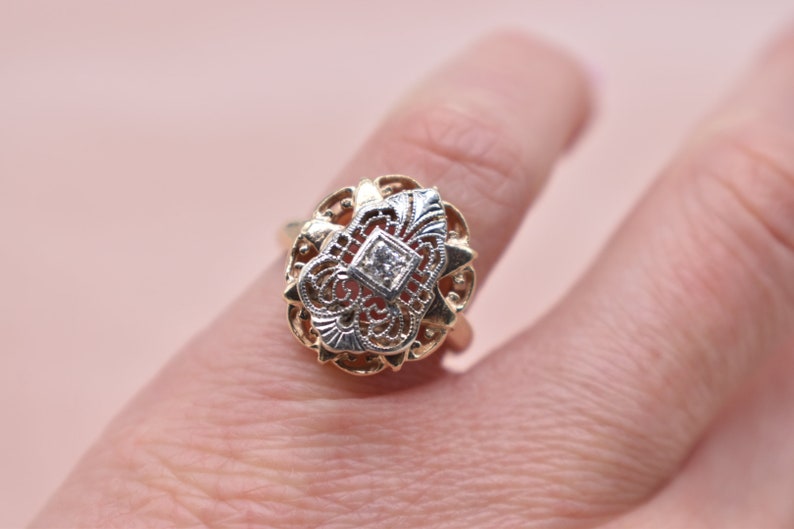 Vintage Art Deco 14K Yellow Gold & Platinum Filigree Diamond Shield Style Ring image 7