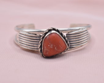 Vintage Coral Navajo Sterling Silver Bangle Bracelet Signed