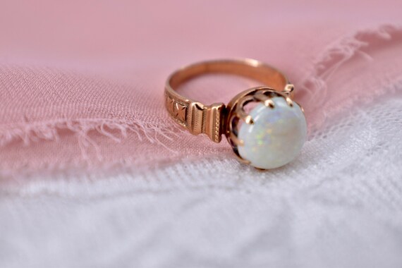 14K Rose Gold Victorian 10mm Opal Claw Ring - image 3