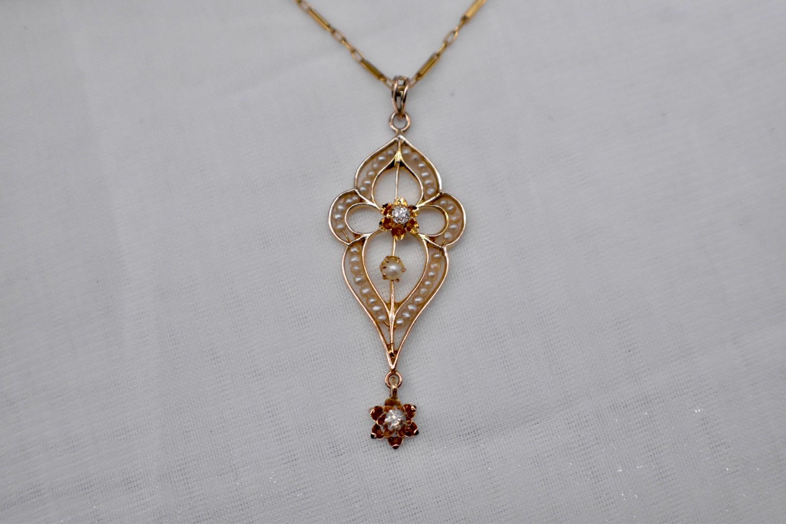 14K Yellow Gold Victorian Seed Pearl and Old Mine Cut Diamond
