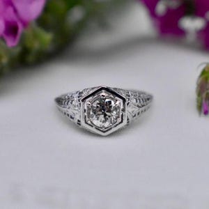 Vintage 14K Weißgold Art Deco Hexagon Alte europäische Diamant-Verlobungsring
