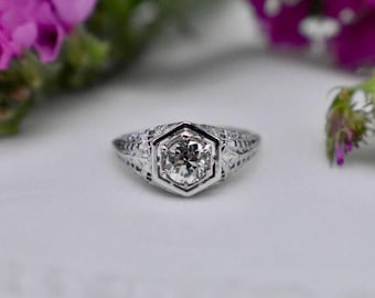 Vintage 14K White Gold Art Deco Hexagon Old European Cut Diamond Engagement Ring