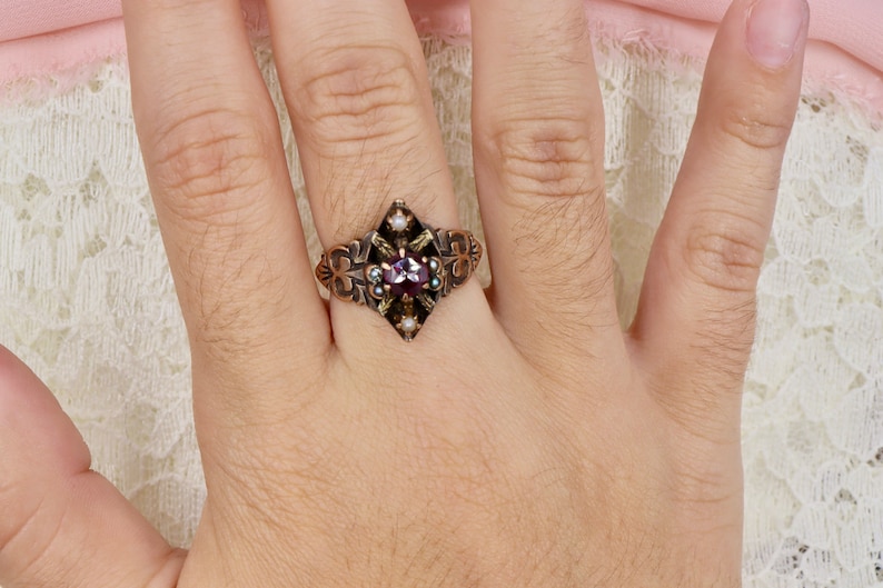 Victorian 14K Rose Gold Fancy Cut Garnet and Seed Pearl Ring - Etsy