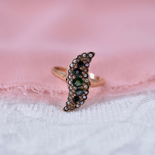 Victorian 14K Rose Gold Navette Seed Pearl and Imitation Emerald Ring