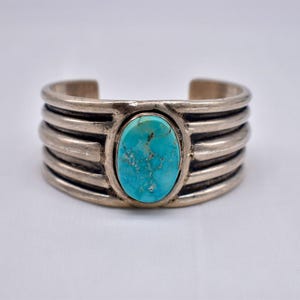 Vintage Turquoise Heavy Grooved Navajo Sterling Silver Bangle