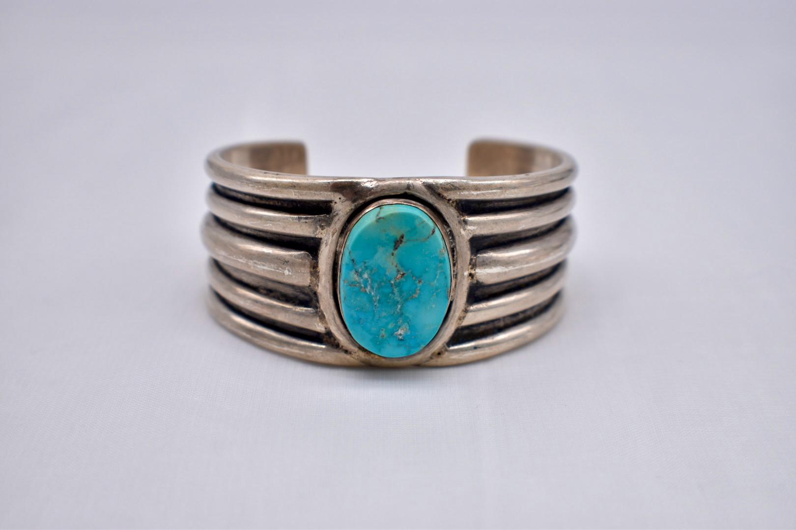 Vintage Turquoise Heavy Grooved Navajo Sterling Silver Bangle