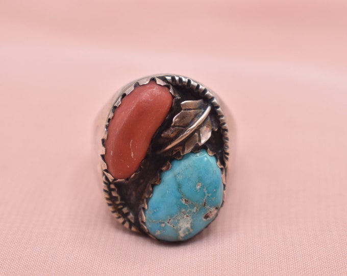 Vintage Turquoise and Coral Two Stone Navajo Sterling Silver Men's Ring ...
