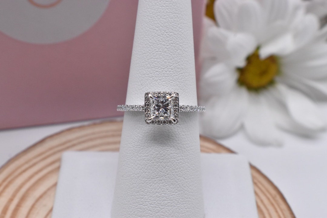 Princess Cut Diamond Halo Engagement Ring 1.00cts GSI1 14K White Gold ...