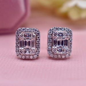 Reserved Listing Not For Sale 14K White Gold Cluster Emerald & Baguette Diamond Halo 1.84cts Statement Stud Earrings