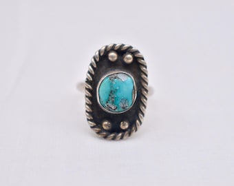 Vintage Navajo Sterling Silver Turquoise Ring, Beaded Design, Size 6.5