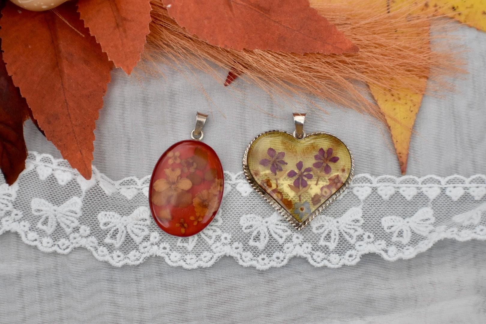 Sterling Silver Handmade Vintage Epoxy Resin Flower Pendants