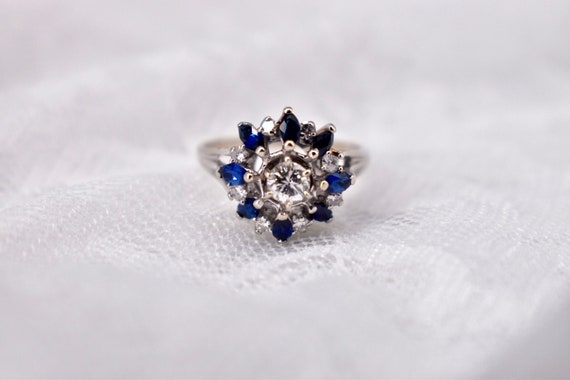 14K White Gold Vintage Sapphire & Diamond Cocktai… - image 1