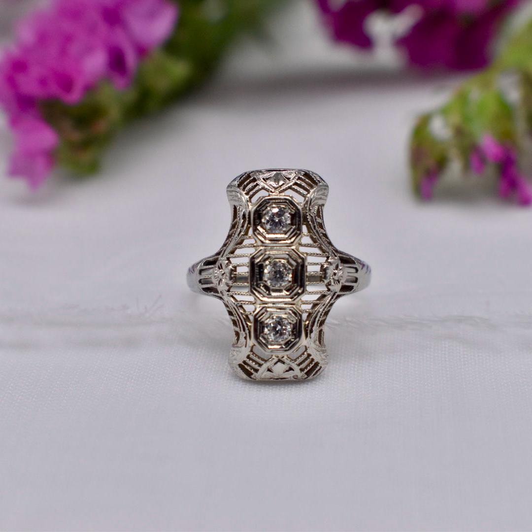 Sheild Rings Vintage Art Deco 14K White Gold Transitional Cut Three Stone Diamond ...