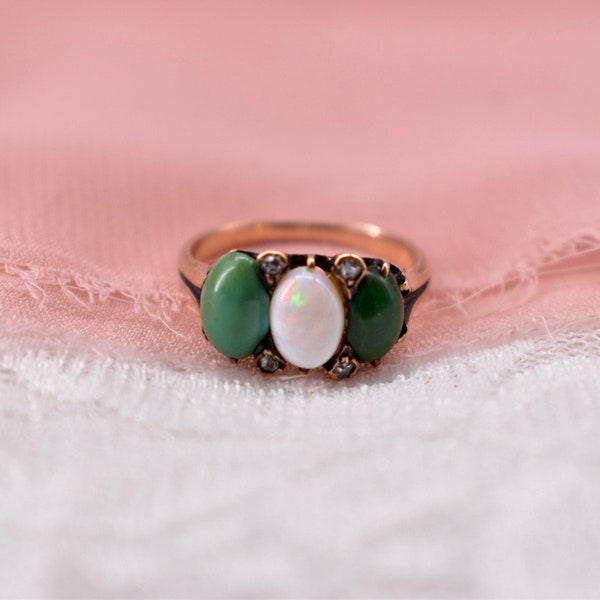 Victorian 14K Rose Gold Jade, Opal, and Diamond  Ring