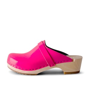 VERKA Clogs | Swedish Wooden Clogs for Women | Ledig | Women Low Heel Shoes | Leather Clogs | Neon Pink