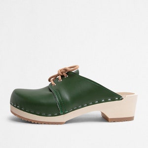 VERKA Clogs | Swedish Wooden Clogs for Women | Rosett | Women Low Heel Shoes | Leather Clogs | Moss