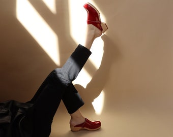 VERKA Clogs | Swedish Wooden Clogs for Women | Ledig | Women Low Heel Shoes | Leather Clogs | Daring Red