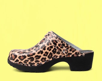 VERKA Clogs | Swedish Comfort Clogs for Women | Flitig | Women Low Heel Shoes | Leather Clogs | Professional clogs | Leopard